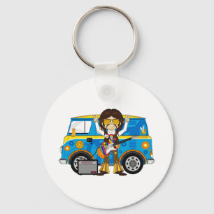 Hippie Boy met Guitar & Camper Van Sleutelhanger
