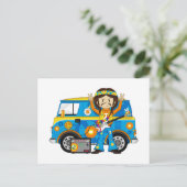 Hippie Boy met Guitar en Camper Van Briefkaart (Staand voorkant)