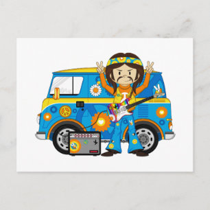 Hippie Boy met Guitar en Camper Van Briefkaart