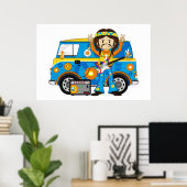 Hippie Boy met Guitar en Camper Van Poster (Thuiskantoor)