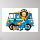 Hippie Boy met Guitar en Camper Van Poster (Voorkant)