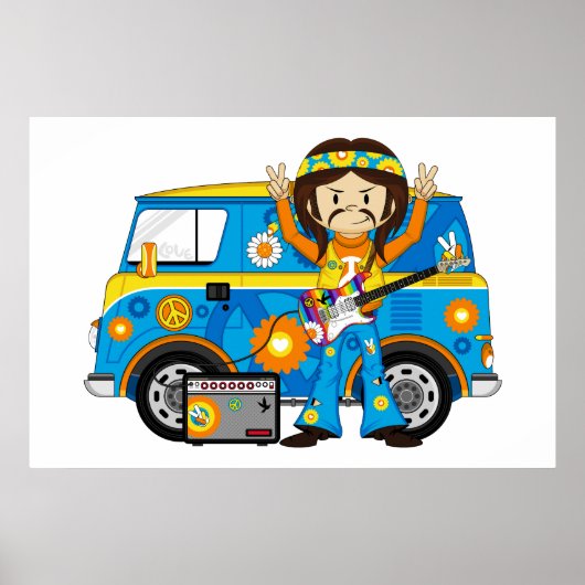 Hippie Boy met Guitar en Camper Van Poster (Voorkant)