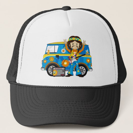 Hippie Boy met Guitar en Camper Van Trucker Pet (Voorkant)