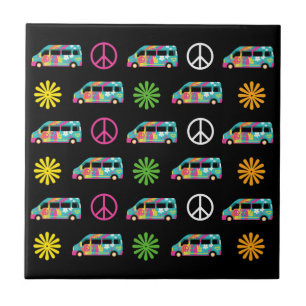 Hippie Bus Peace Sign 70s Black Tegeltje