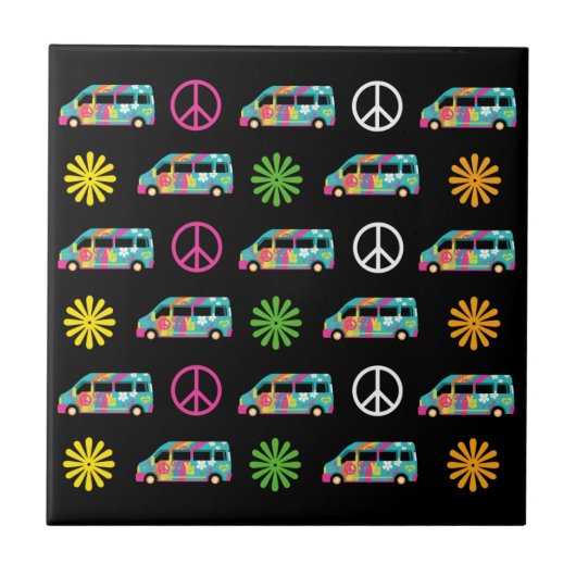 Hippie Bus Peace Sign 70s zwart Tegeltje (Voorkant)