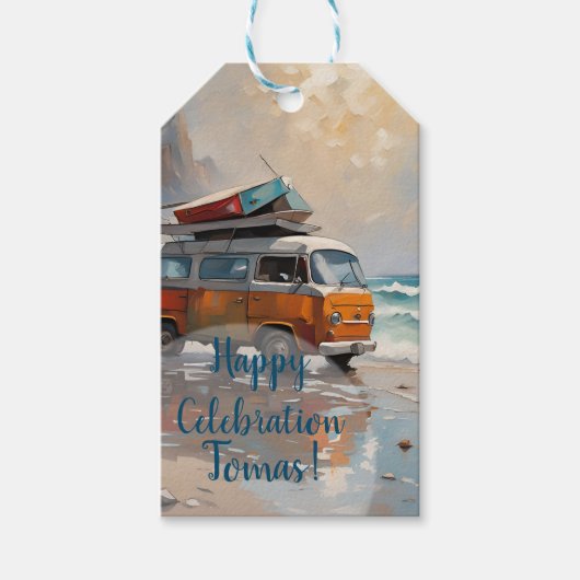 Hippie-bus zeelandschap reiziger mood art cadeaulabel (Voorkant)