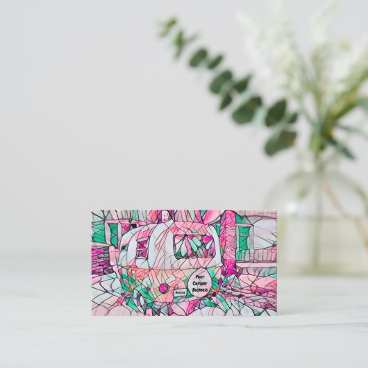 Hippie Camper Pink Green Glamping Visitekaartje (Staand voorkant)