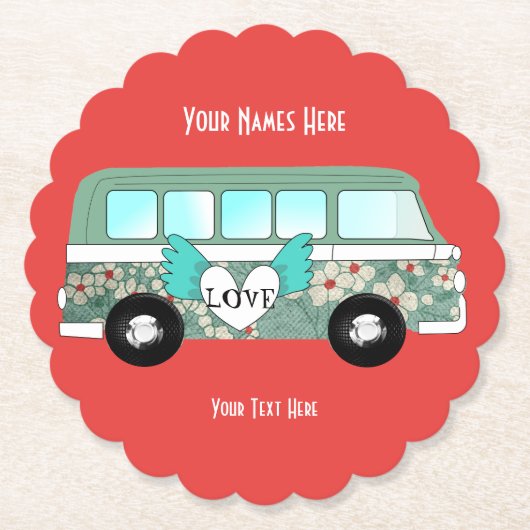 Hippie Camper Van Love Heart Fun Romantic Kartonnen Onderzetters (Voorkant)
