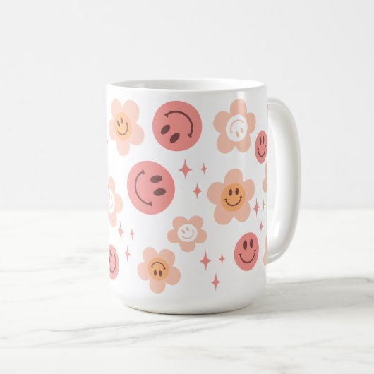 Hippie Checkerboard Smile Face 60s Pattern-Mok Koffiemok (Voorkant rechts)