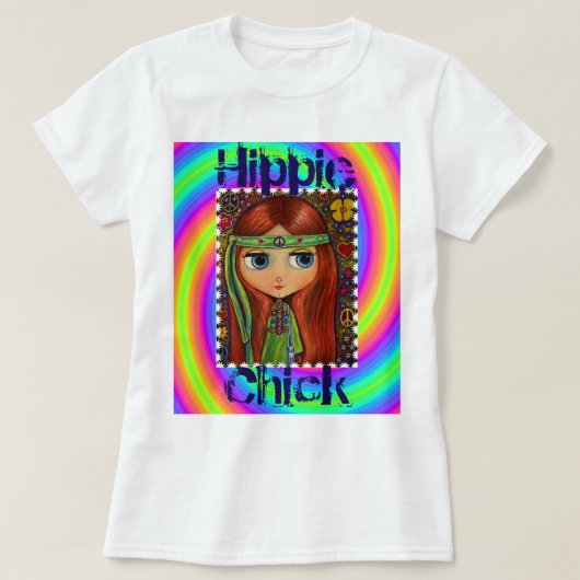 Hippie Chick 1960s Tie Dye Big Eye Doll T-shirt (Design voorkant)