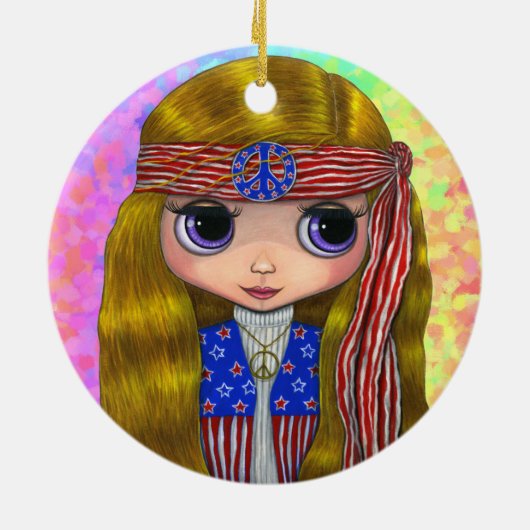 Hippie Chick in sterren en Stripes Peace Sign Cute Keramisch Ornament (Achterkant)