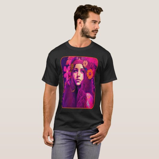 Hippie Child In Pink With Flowers In Her Hair Retr T-shirt (Voorkant volledig)