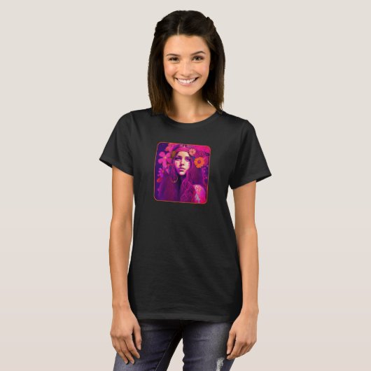 Hippie Child In Pink With Flowers In Her Hair Retr T-shirt (Voorkant volledig)