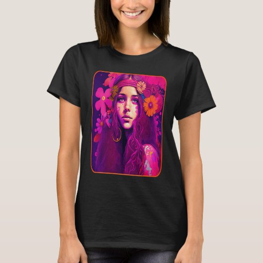 Hippie Child In Pink With Flowers In Her Hair Retr T-shirt (Voorkant)