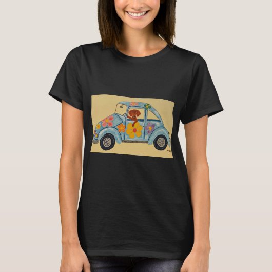 Hippie Dachshund in car  T-shirt (Voorkant)
