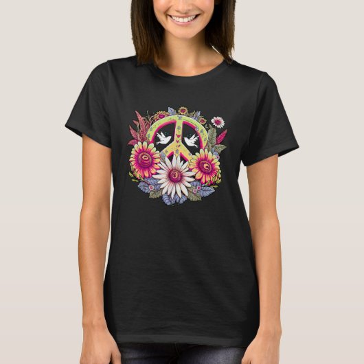 Hippie Daisy Peace Sign Retro Flower Sunflower T-shirt (Voorkant)