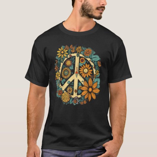 Hippie Daisy Peace Sign Retro Flower Sunflower T-shirt (Voorkant)