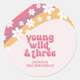 Hippie Daisy Young Wild and Three Rainbow Birthday Ronde Sticker