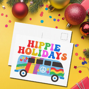 Hippie Feestdagen Cute Retro 70s Van Holiday Briefkaart
