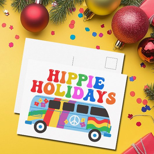Hippie Feestdagen Cute Retro 70s Van Holiday Briefkaart