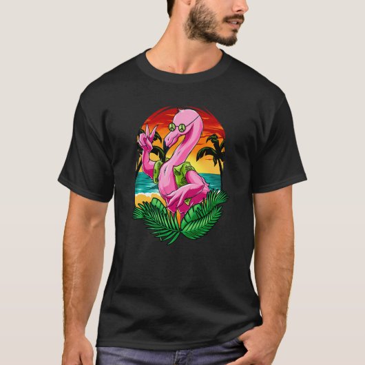 Hippie Flamingo Draag Vredesgebarentaal Zonnebril  T-shirt (Voorkant)