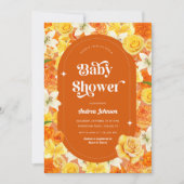 Hippie Floral Retro Groovy 70s Oranje Baby shower Kaart (Voorkant)