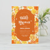 Hippie Floral Retro Groovy 70s Oranje Baby shower Kaart (Staand voorkant)