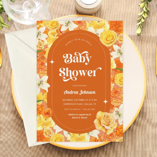 Hippie Floral Retro Groovy 70s Oranje Baby shower Kaart