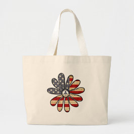 Hippie Flower Power Peace Sign Amerikaanse vlag Grote Tote Bag