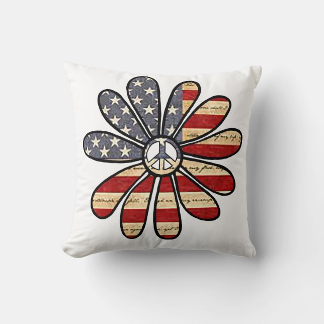 Hippie Flower Power Peace Sign Amerikaanse vlag Kussen (Voorkant)