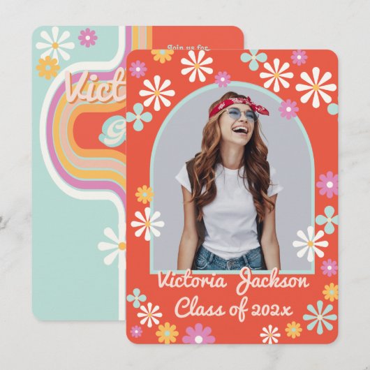 Hippie Flower Power Photo Afstuderen Invitation Kaart (Voorkant / Achterkant)