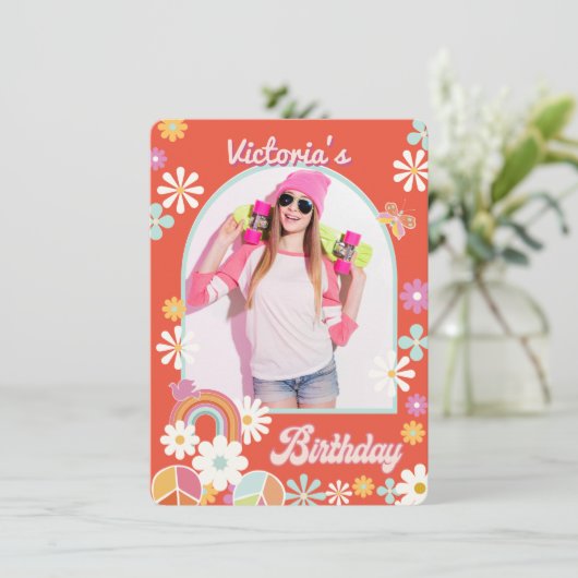 Hippie Flower Power Photo Afstuderen Invitation Kaart (Staand voorkant)