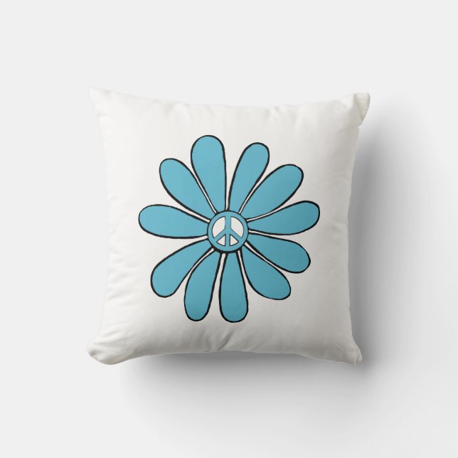 Hippie Flower Power Vredesbord in Aqua Kussen (Voorkant)