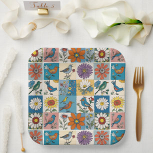 Hippie Folk Art Bloemenlappendeken met vogels Papieren Bordje