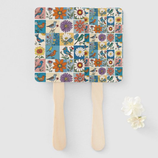 Hippie Folk Art Bloemstuk Patchwork Met Vogels Handwaaier (Voorkant en achterkant)