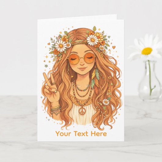 Hippie Girl Giving a Peace Gesture Blank Art Card Kaart (Kleine Plant)