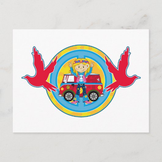 Hippie Girl met Camper Van & Doves Briefkaart (Voorkant)
