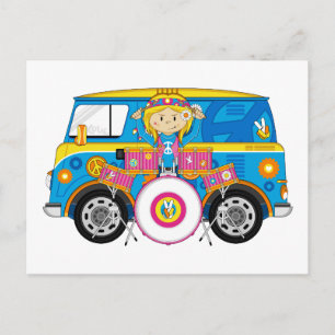 Hippie Girl met Drums en Camper Van Briefkaart