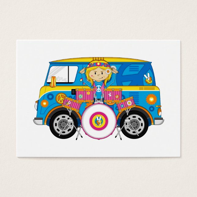 Hippie Girl met Drums en Camper Van Visitekaartjes (Voorkant)