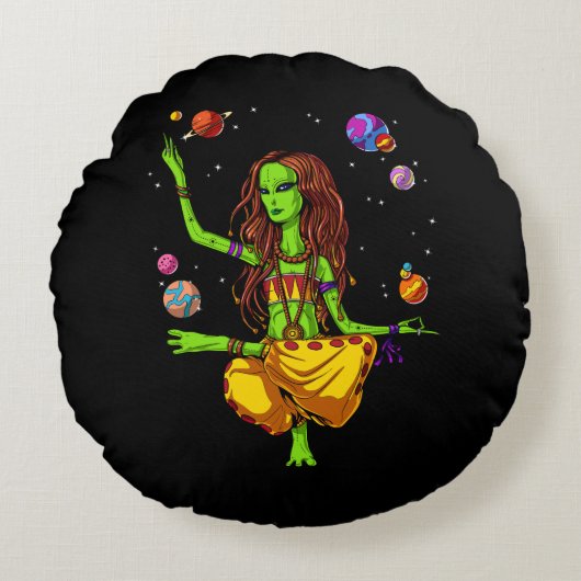 Hippie Girl Space Alien Zen Yoga Meditation Rond Kussen (Voorkant)