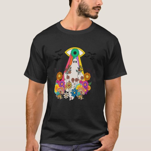 HIPPIE HALLOWEEN CUTE GHOST FLORAL SPOKY GROOVY T T-SHIRT (Voorkant)