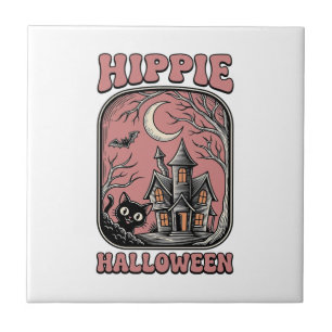 Hippie Halloween Kat Geestenhuis Vintage Ontwerp_ Tegeltje