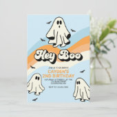 Hippie Halloween Retro Ghost Hey Boo blauw Kaart (Staand voorkant)