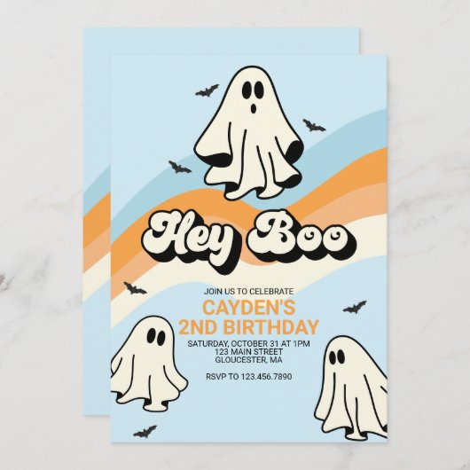 Hippie Halloween Retro Ghost Hey Boo blauw Kaart (Voorkant / Achterkant)