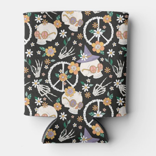 Hippie Halloween schedels en bloemen patroon Blikjeskoeler (Voorkant)