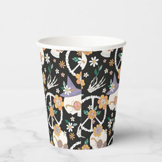 Hippie Halloween schedels en bloemen patroon Papieren Bekers (Rechts)