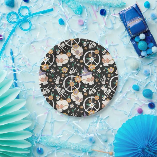 Hippie Halloween schedels en bloemen patroon Papieren Bordje (Feest)