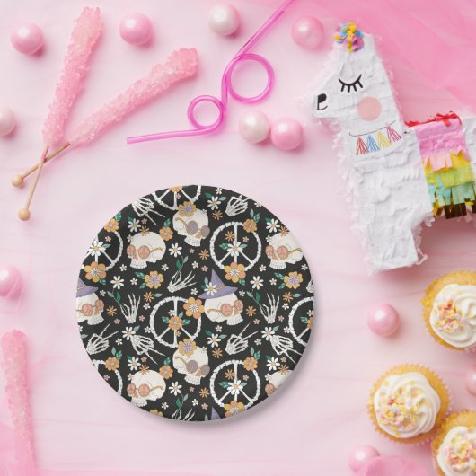 Hippie Halloween schedels en bloemen patroon Papieren Bordje (Feest)