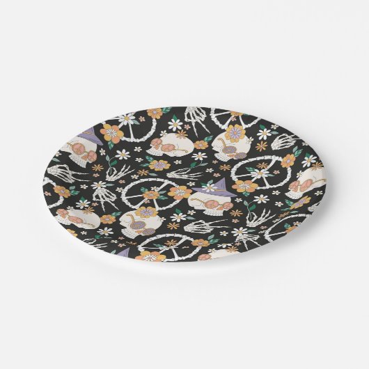 Hippie Halloween schedels en bloemen patroon Papieren Bordje (Gekanteld)
