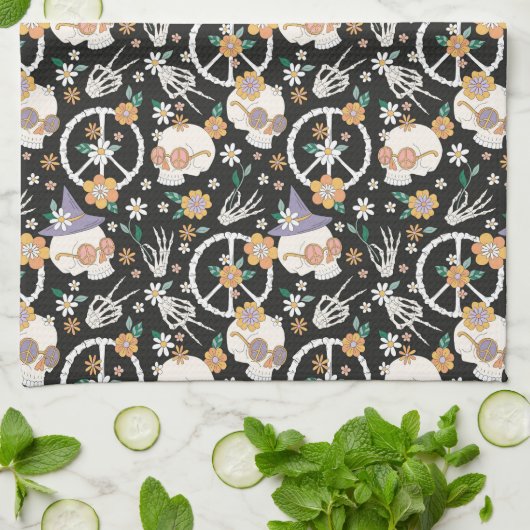 Hippie Halloween schedels en bloemen patroon Theedoek (Gevouwen)